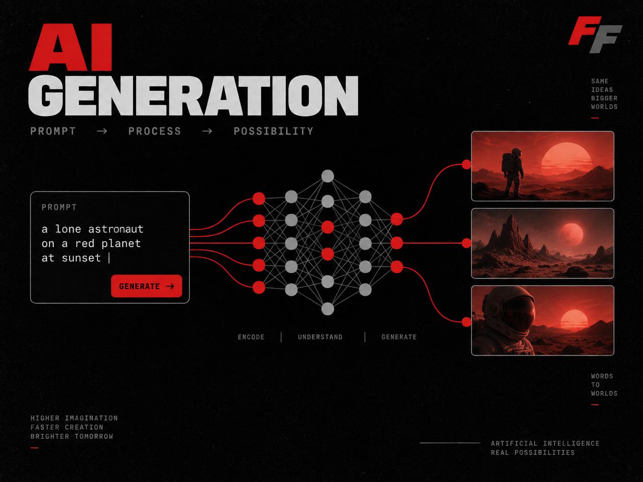 Infografica AI Generation in rosso e nero con lo stile del brand.
