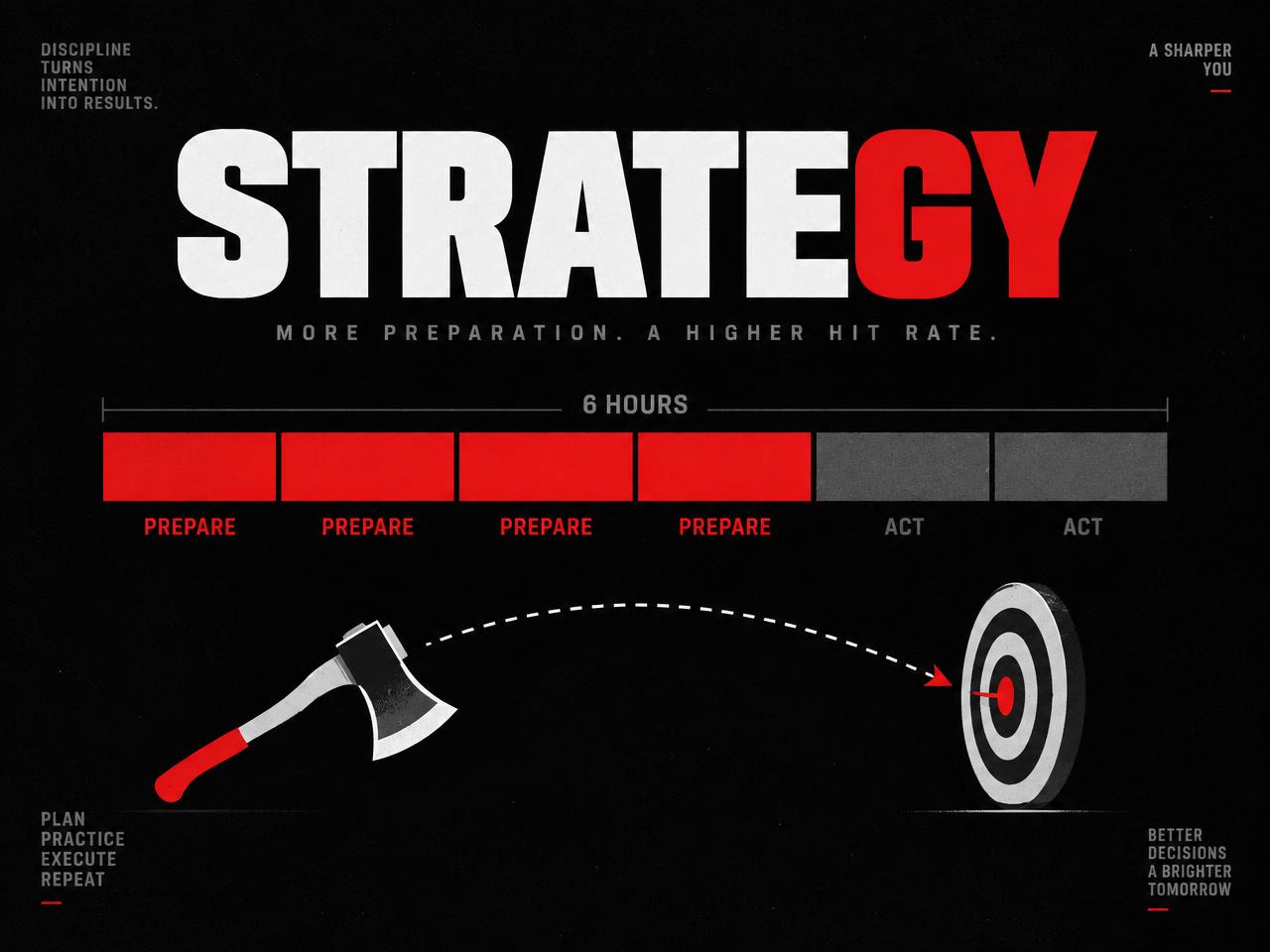 Infografica Strategy: sei ore suddivise tra preparazione e azione, con ascia e bersaglio.