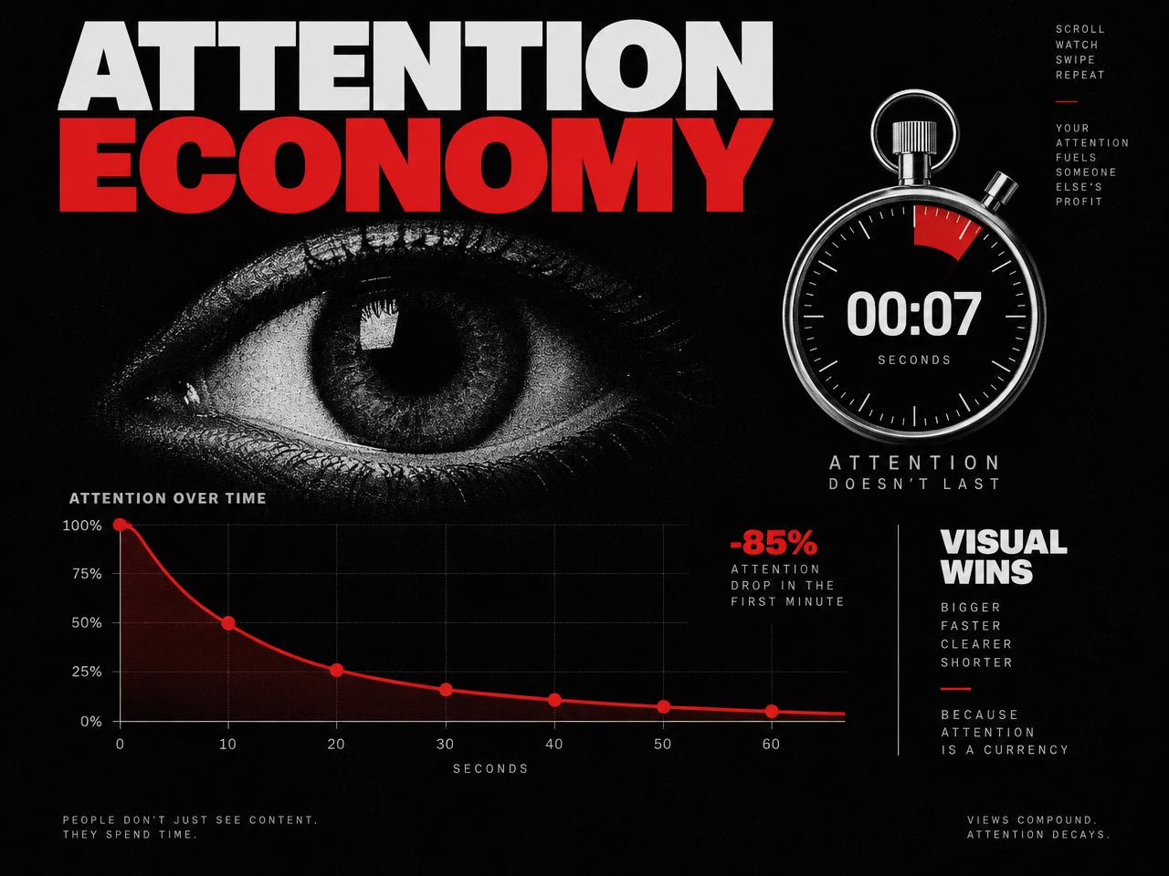 Infografica Visual: economia dell’attenzione con occhio, cronometro e curva dell’attenzione in calo.